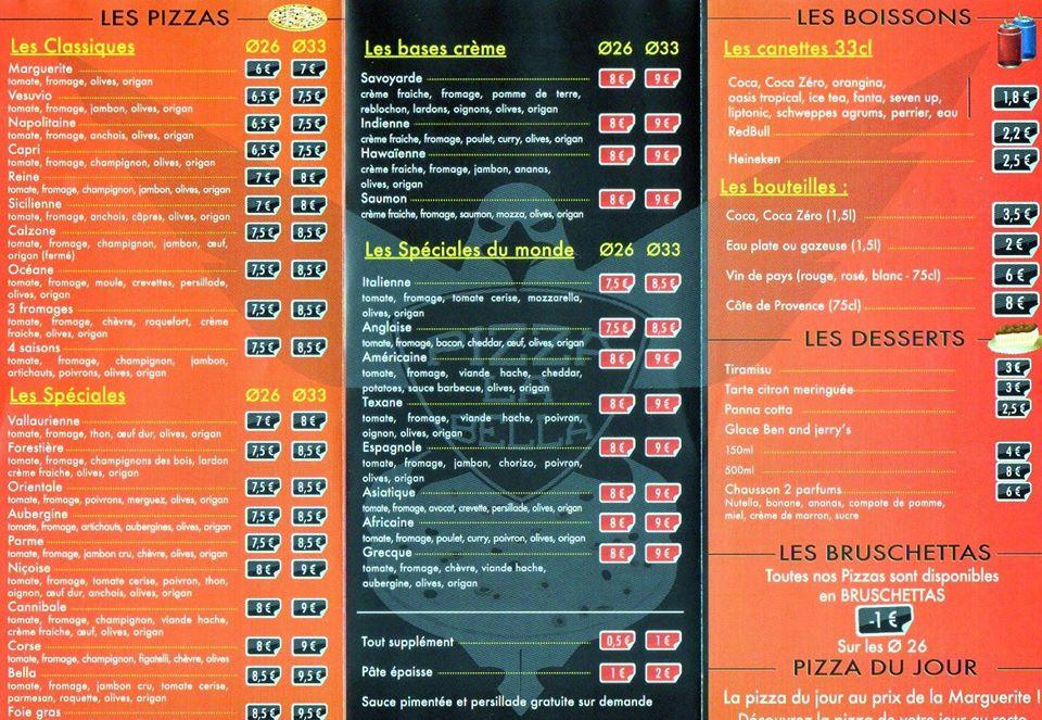 Carta del restaurante Pizza La Bella, Vallauris