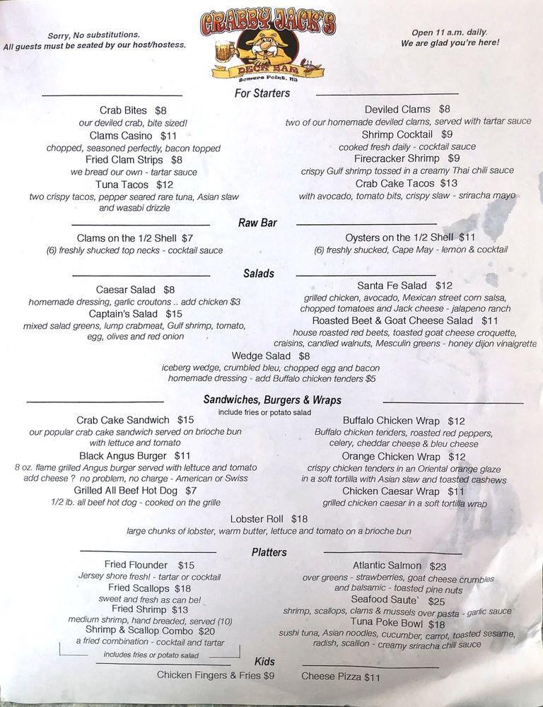 Menu at Crabby Jack's pub & bar, Somers Point