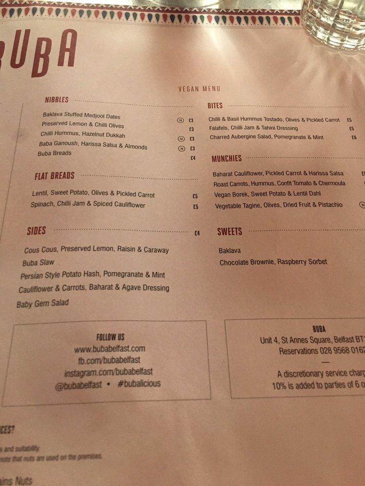 Menu at Buba Belfast Small Plates Flame Grill Burgers Steak Cocktails