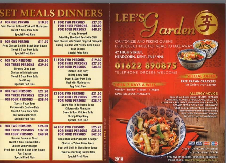 Menu at Lee's Garden restaurant, Headcorn