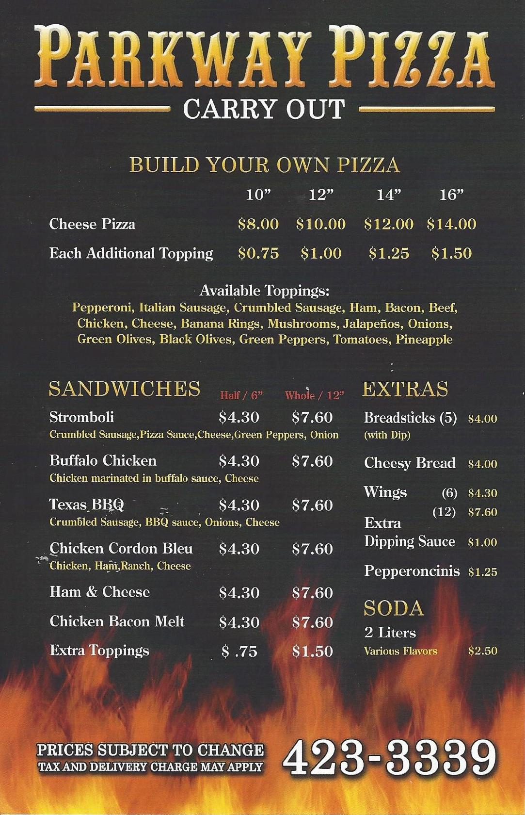 Menu at Parkway Pizza pizzeria, Evansville