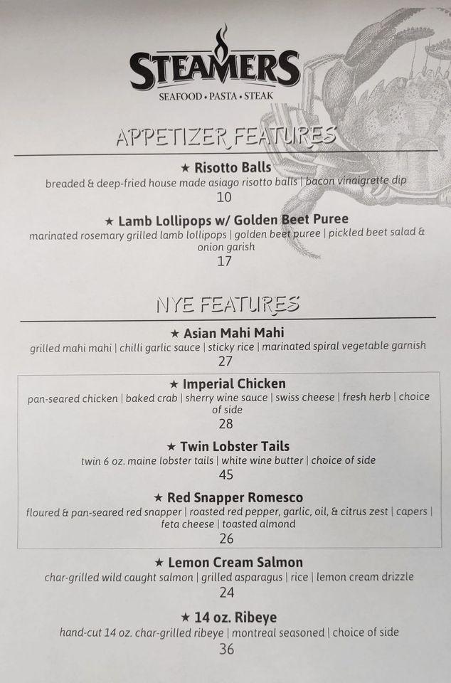 Menu at Steamers Stonewall Tavern steakhouse, North Lima