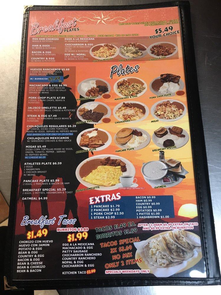 Menu at Taqueria Jalisco restaurant, Castroville