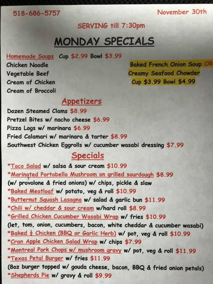 Menu at Fall's Diner restaurant, Hoosick Falls