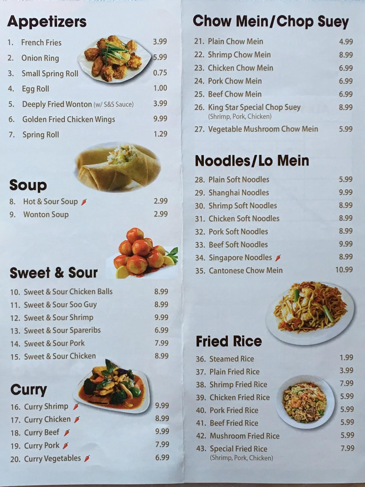 Menu at King Star Oriental Buffet restaurant, Smiths Falls