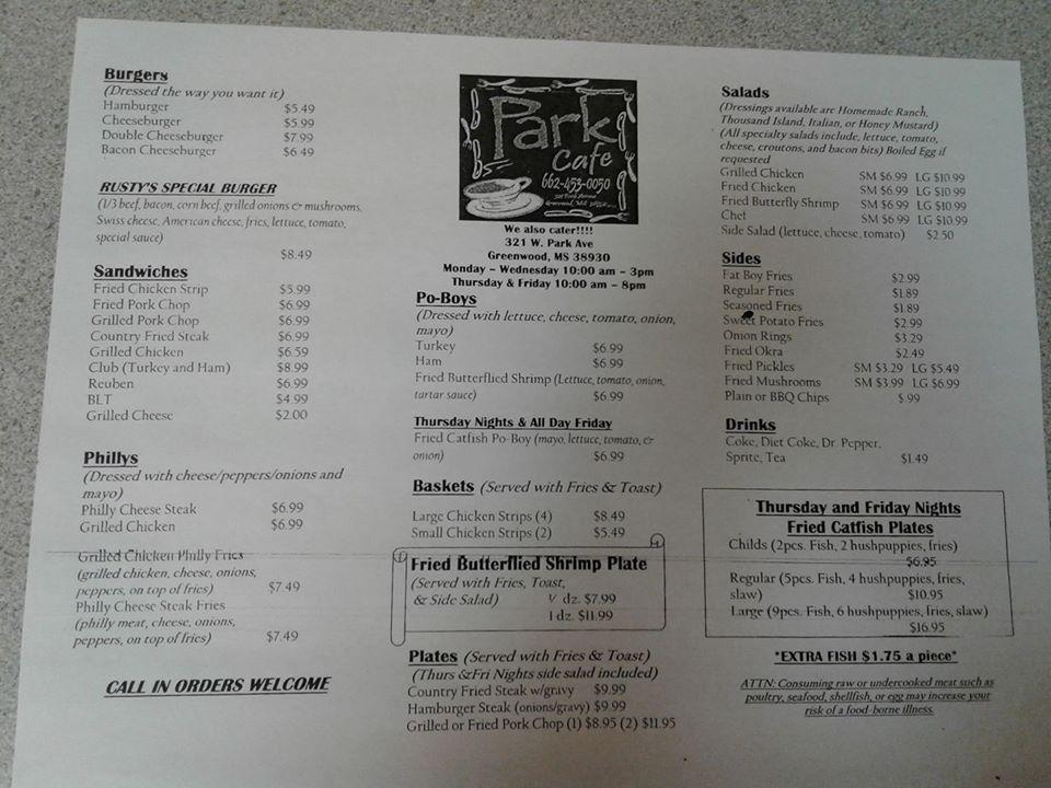 Menu at PARK CAFE, Greenwood