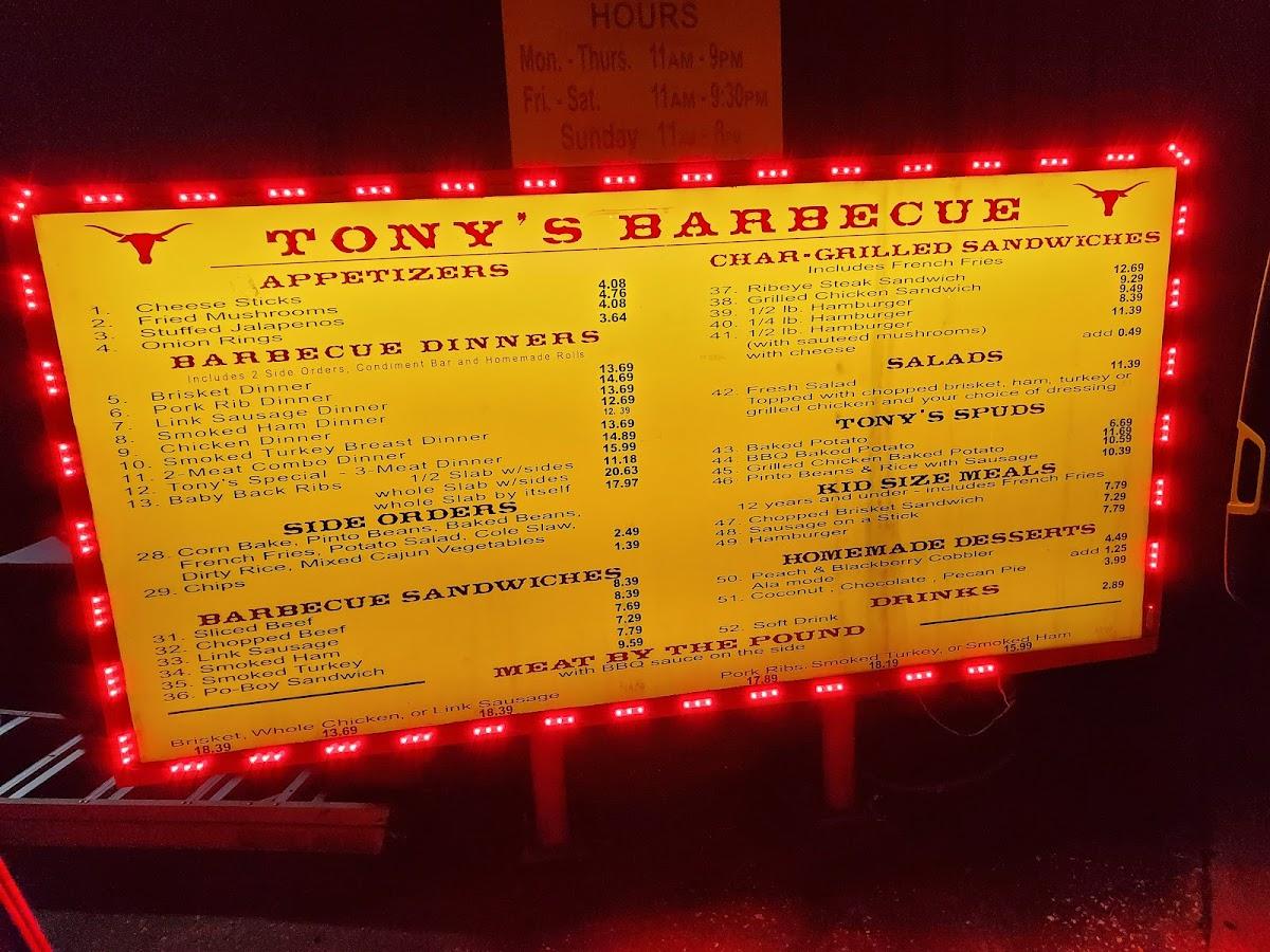 Menu at Tony s BBQ Steakhouse Port Arthur