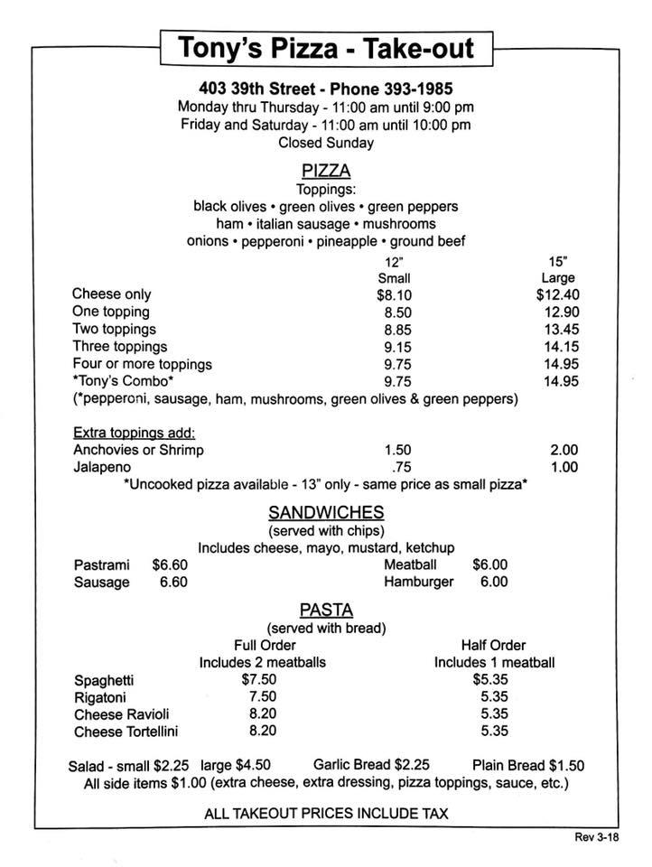 Menu at Tony's Pizza pizzeria, Ogden, 403 39th St