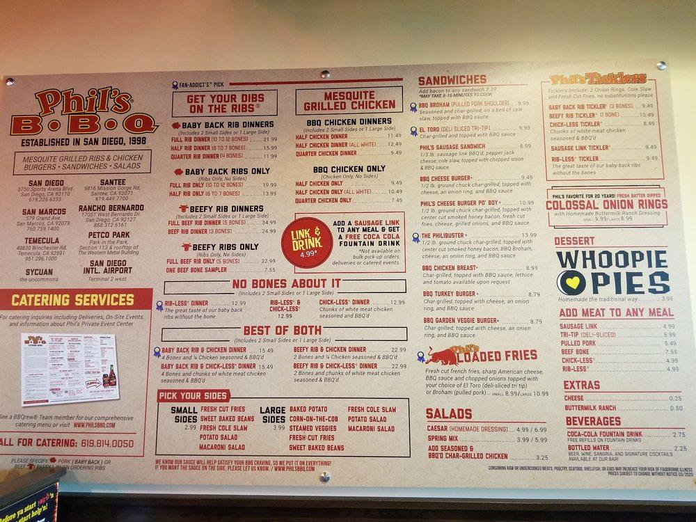 Menu at Phil's BBQ, Temecula, Winchester Rd