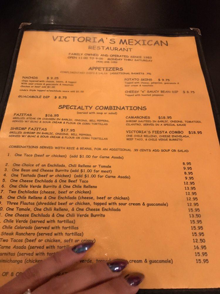 Menu at Victoria's Mexican Restaurant, Gilroy
