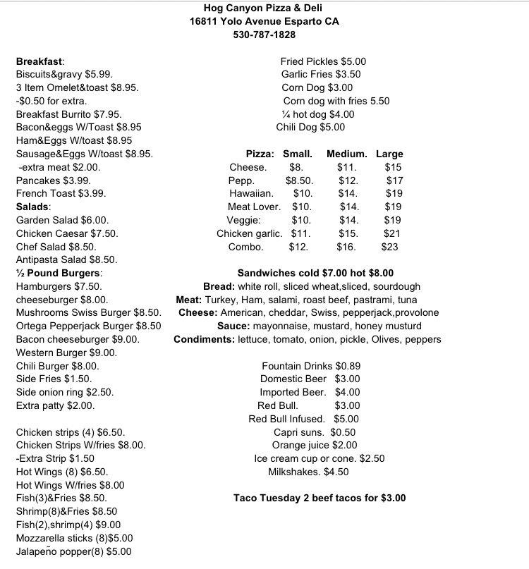 Menu at Hog Canyon Deli cafe, Esparto