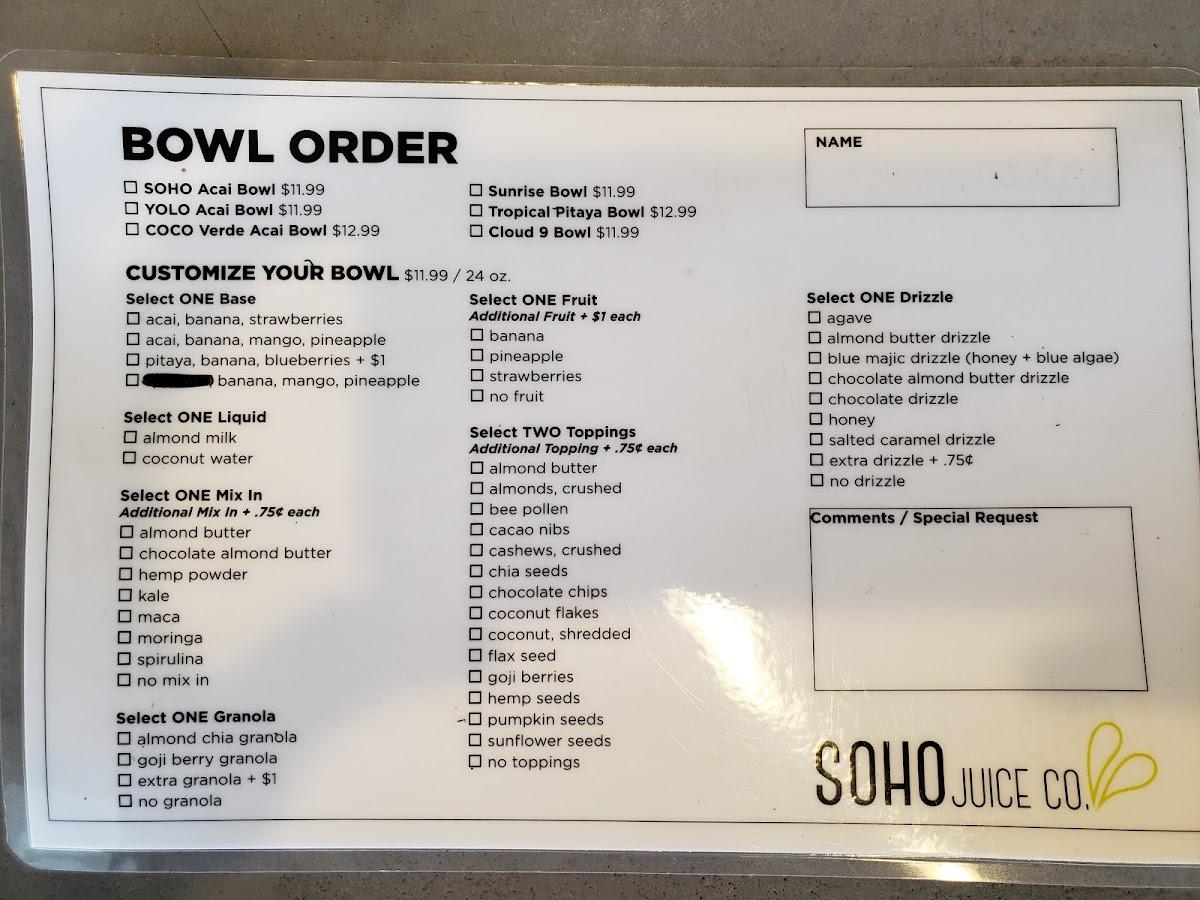 Menu at SOHO Juice Co. pub & bar, Winter Park