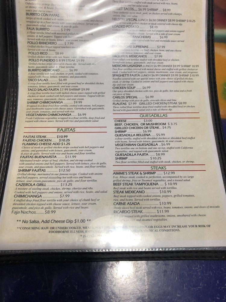 Menu at Buena Vista restaurant, Double Springs