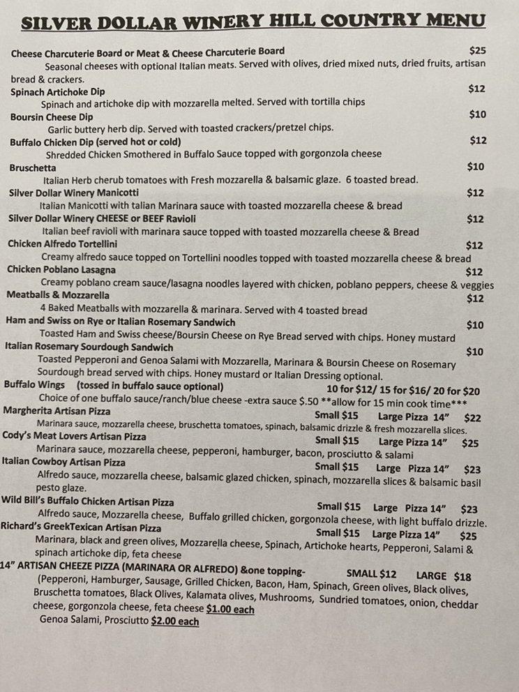 Menu at Silver Dollar Bistro pizzeria, USA, US-290