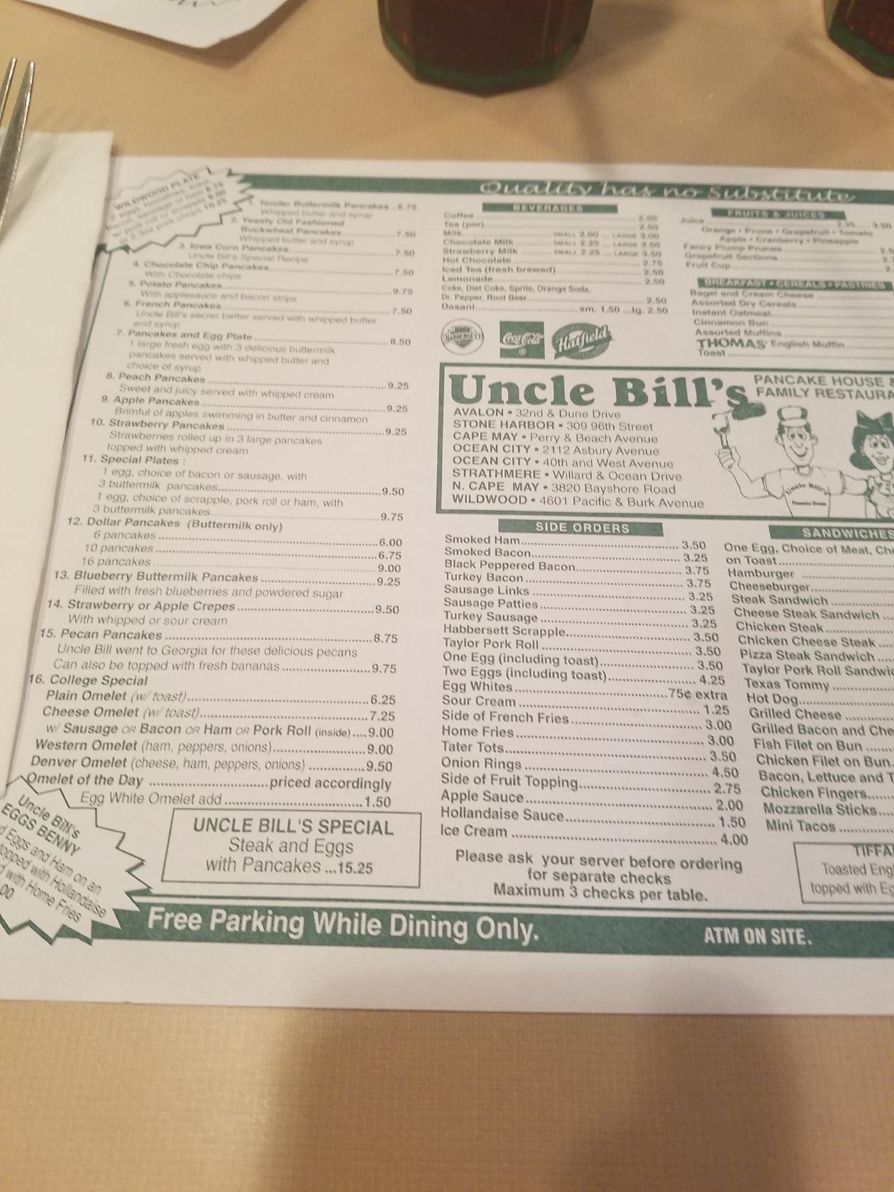 Menu at Uncle Bill's Pancake House restaurant, Wildwood