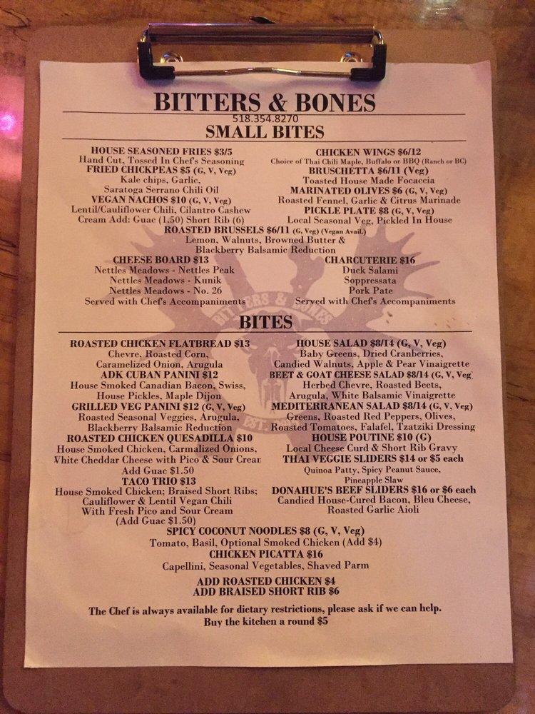 Menu at Bitters & Bones pub & bar, Saranac Lake