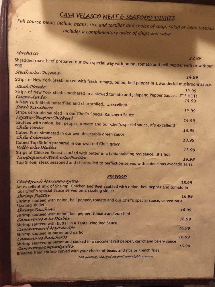 Menu at Casa Velasco Mexican Restaurant, Bass Lake