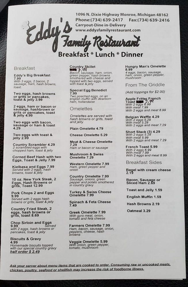 Menu at Eddy's Family Restaurant, Monroe