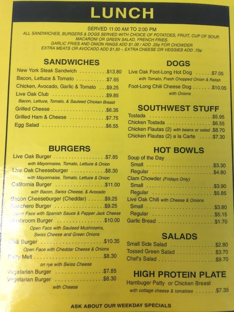 Carta del restaurante Live Oak Grill, Kelseyville