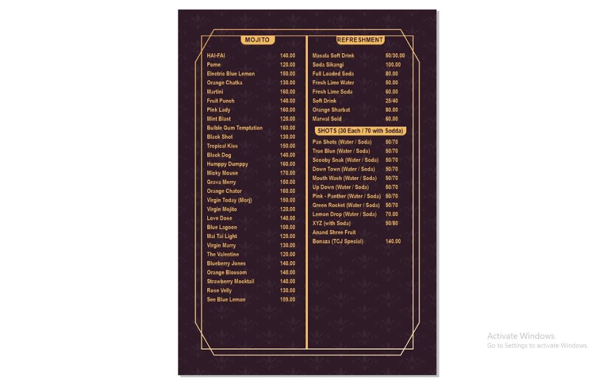 The Central Jail Restaurant menu