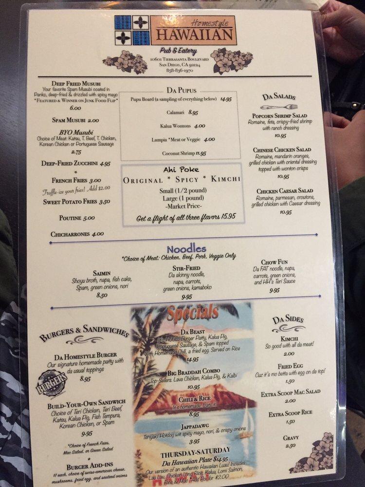 Menu at Homestyle Hawaiian Pub & Eatery, San Diego, Tierrasanta Blvd