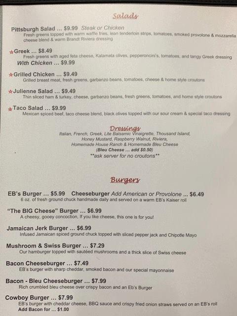 Menu at Eb's Eatery restaurant, Allegany