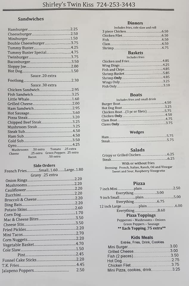 Menu at Shirley's Twin Kiss fast food, USA
