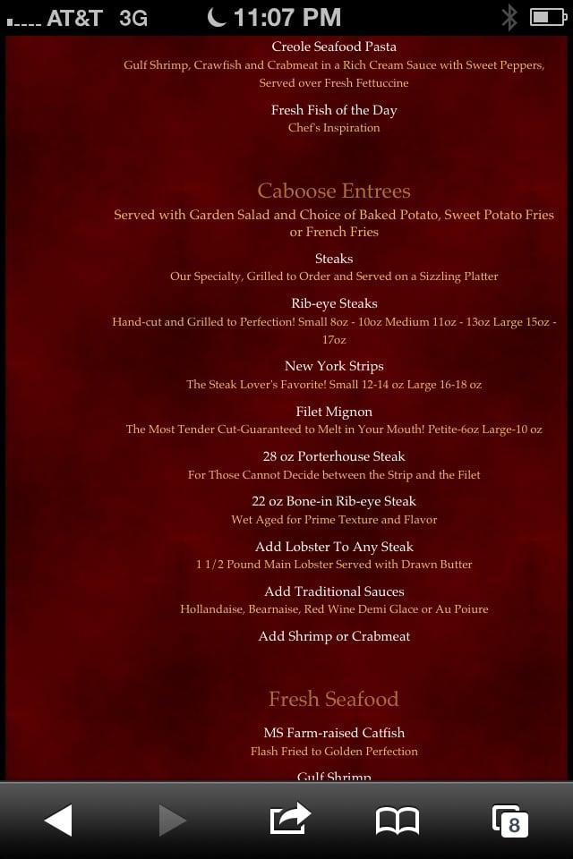 Menu at The Caboose Restaurant,