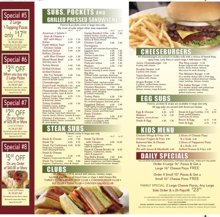 Menu at Corner Grill Rockland pizzeria, Rockland