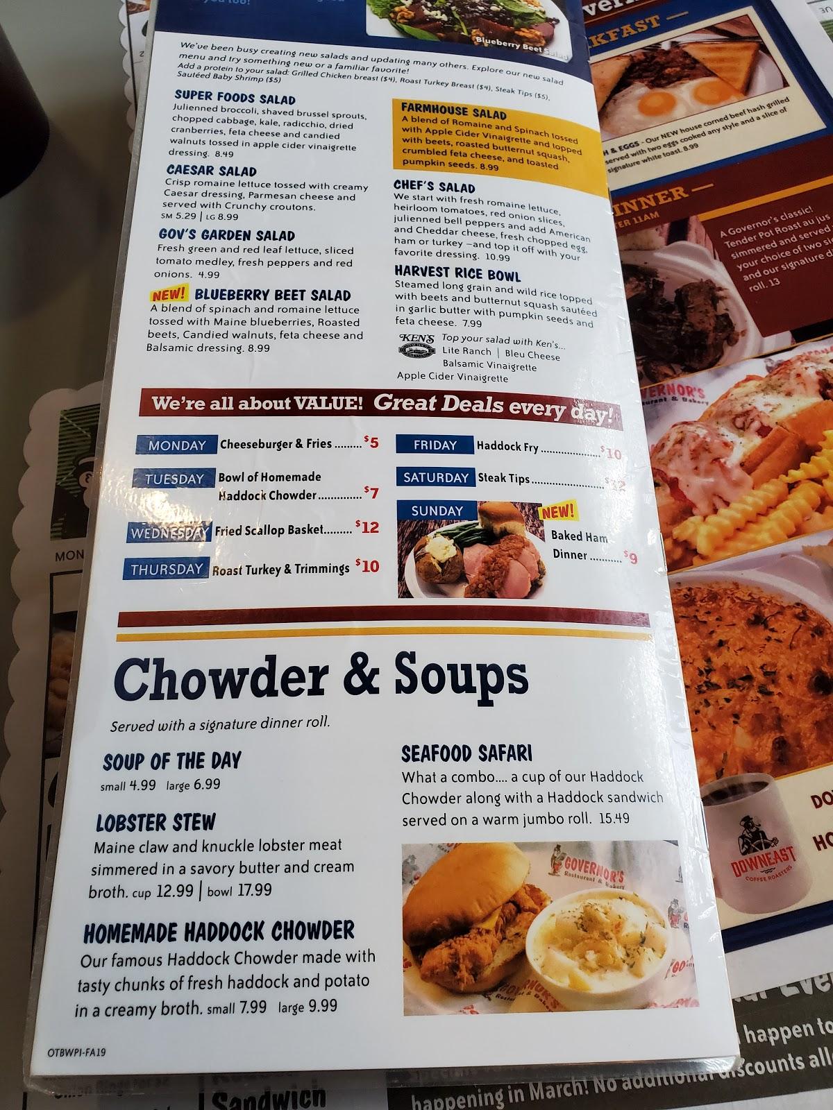 Menu at Governor's Restaurant & Bakery, Presque Isle