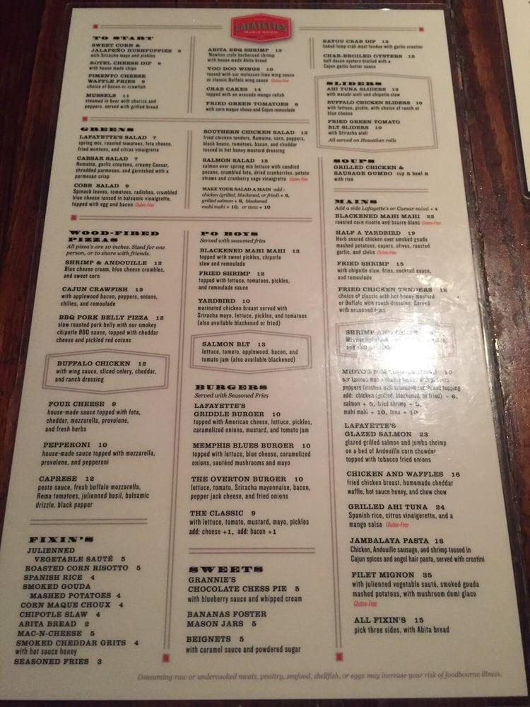 Menu at Lafayette's Music Room pub & bar, Memphis