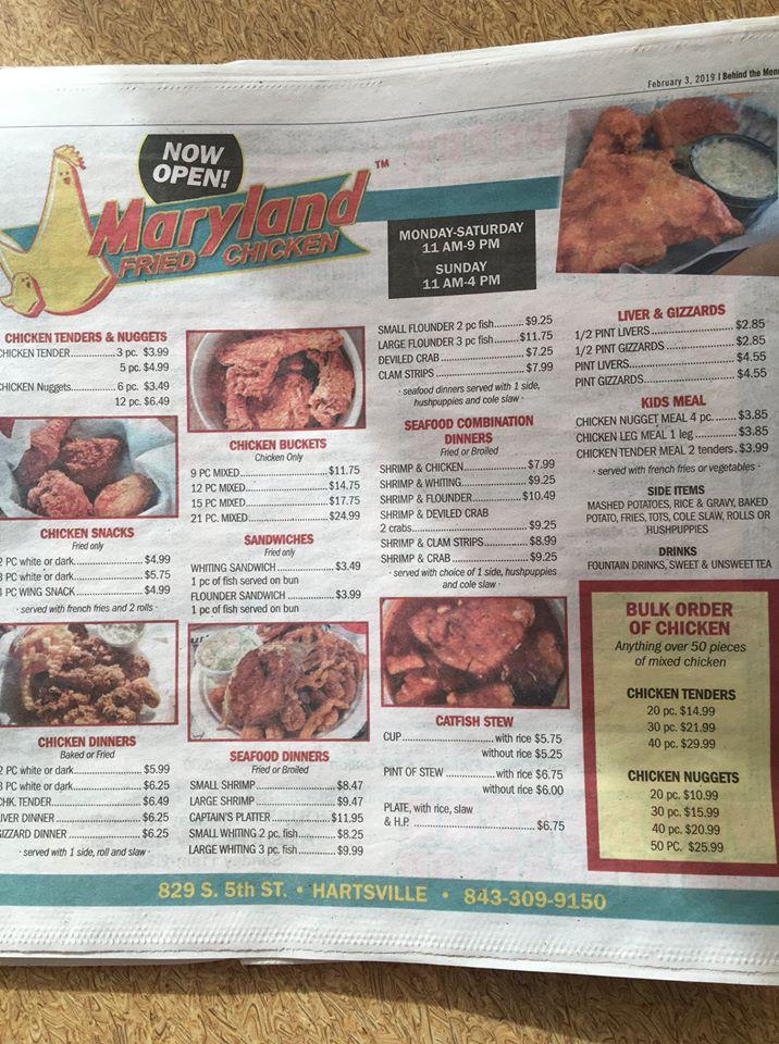 Menu at Maryland Fried Chicken of Hartsville / The Shrimper restaurant