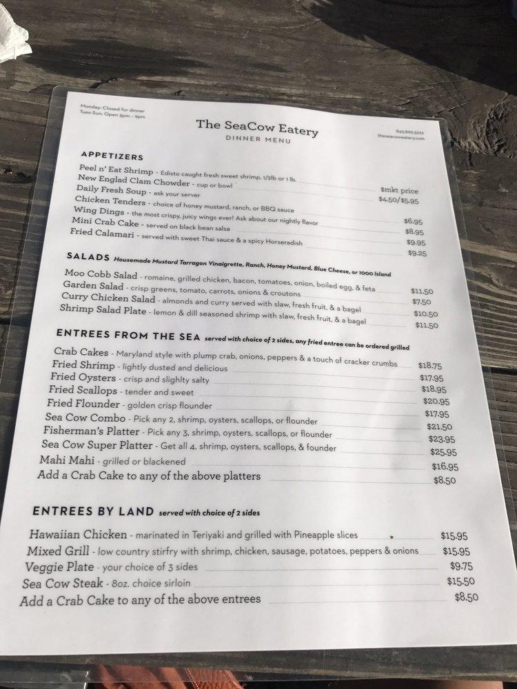Menu at SeaCow Eatery restaurant, Edisto Island