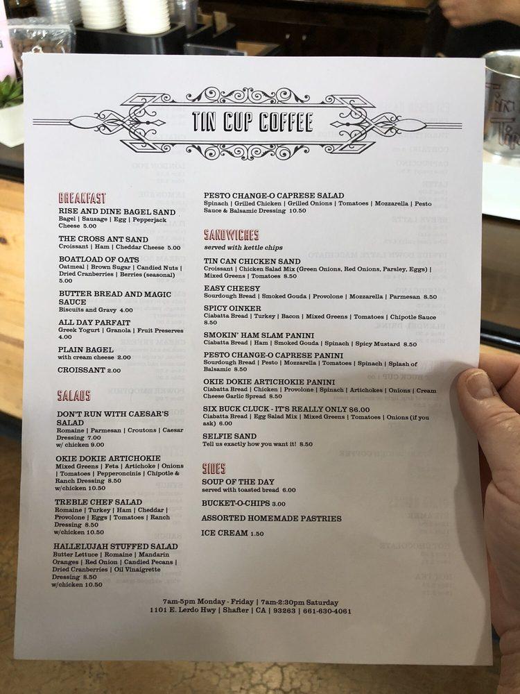 Menu at Tin Cup Coffee cafe, Shafter