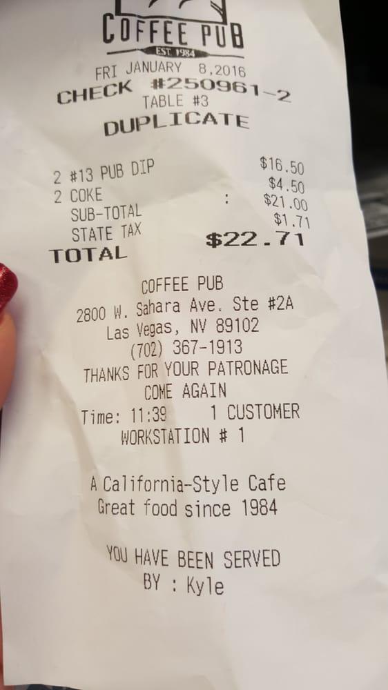 Menu at Coffee Pub, Las Vegas