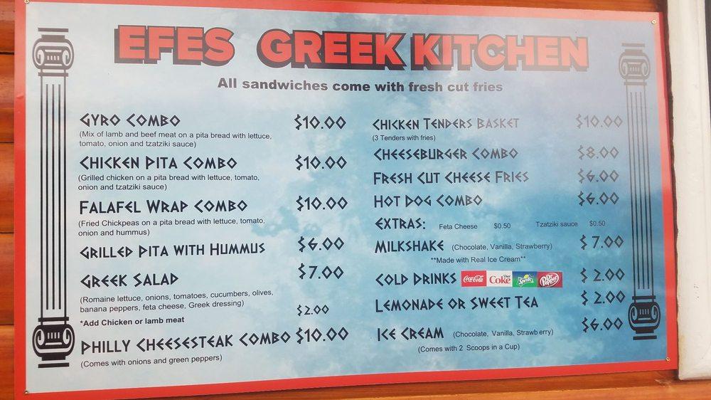 Menu at Efes Greek Kitchen restaurant, Gulf Shores