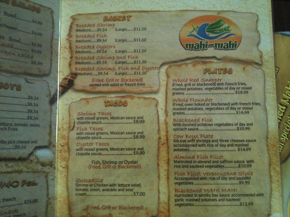 Menu at Mahimahi restaurant, Brownsville