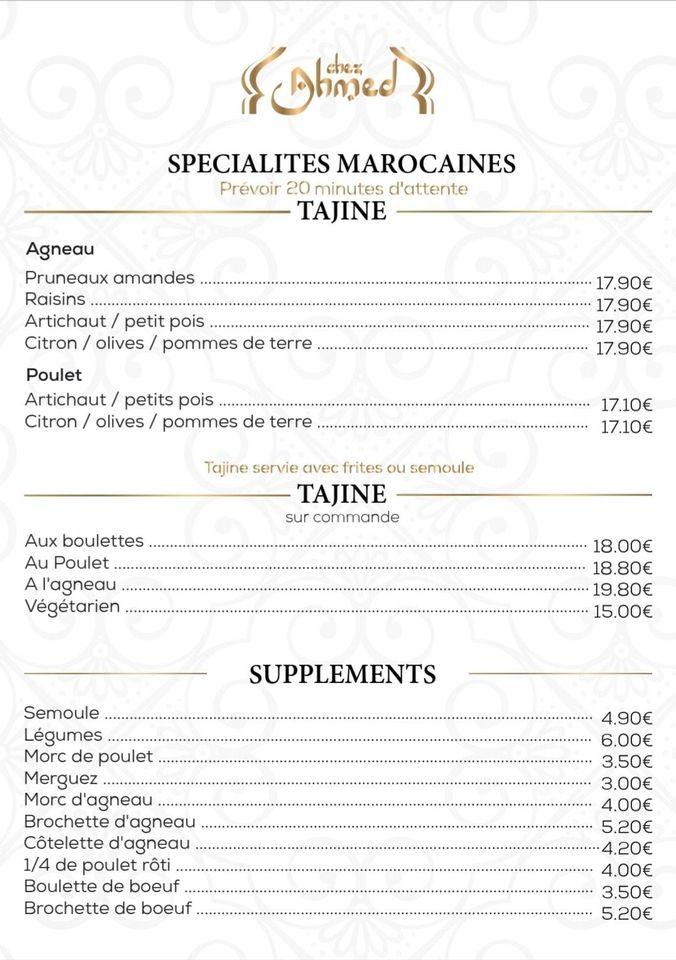 Menu Au Chez Ahmed Restaurant Le Quesnoy