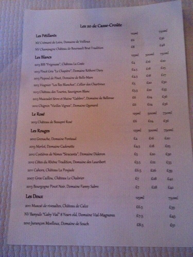 Menu at Casse-Croûte restaurant, London