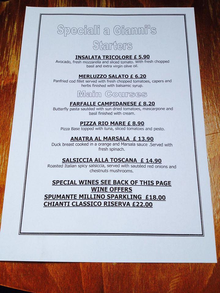 Menu at Gianni's Pizzeria, Penrith