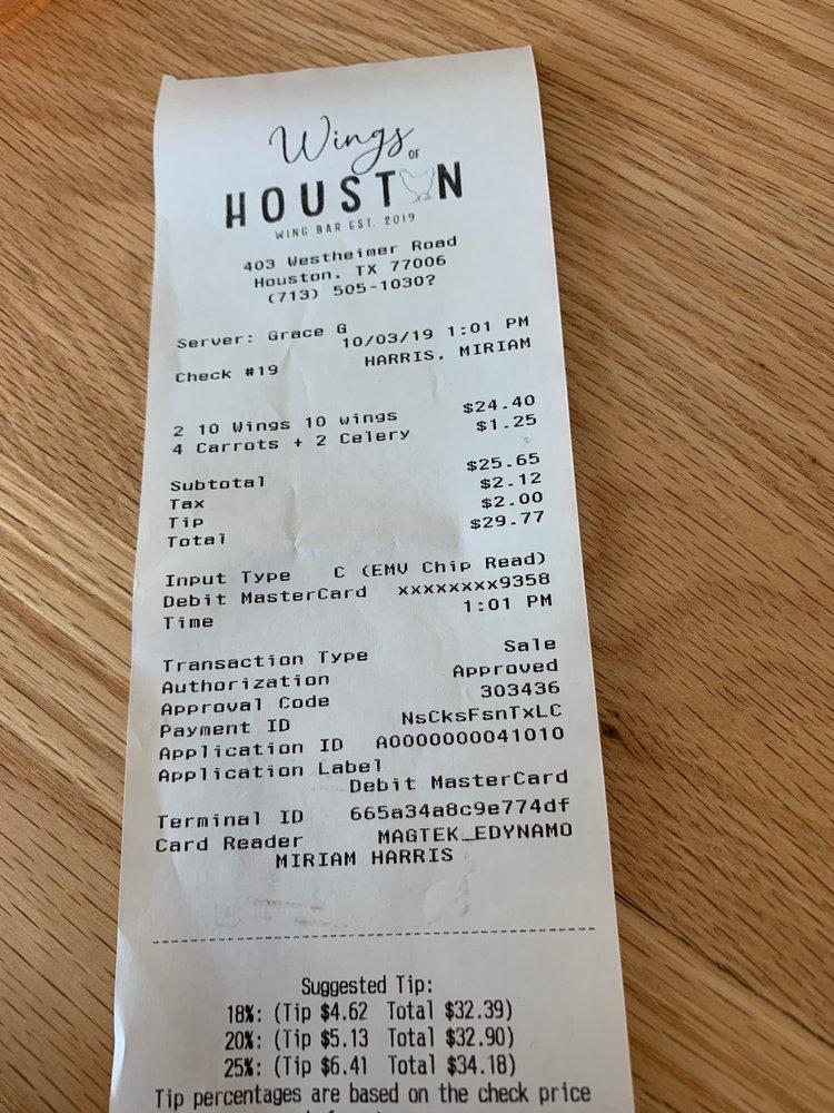 Menu at Wings of Houston restaurant, Houston, 106 Westheimer Rd Ste E