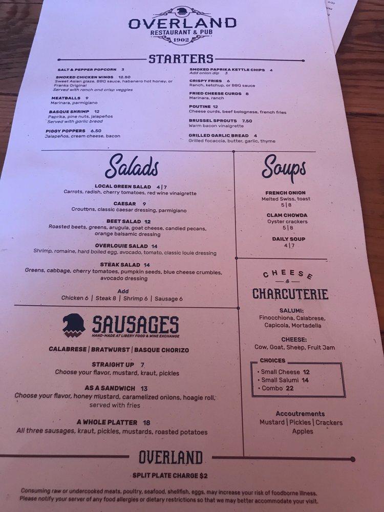 Menu at Overland Restaurant & Pub, Gardnerville, U.S. Hwy 395 N
