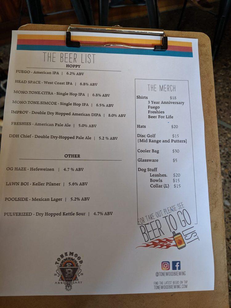 Menu at Tonewood Brewing restaurant, Oaklyn