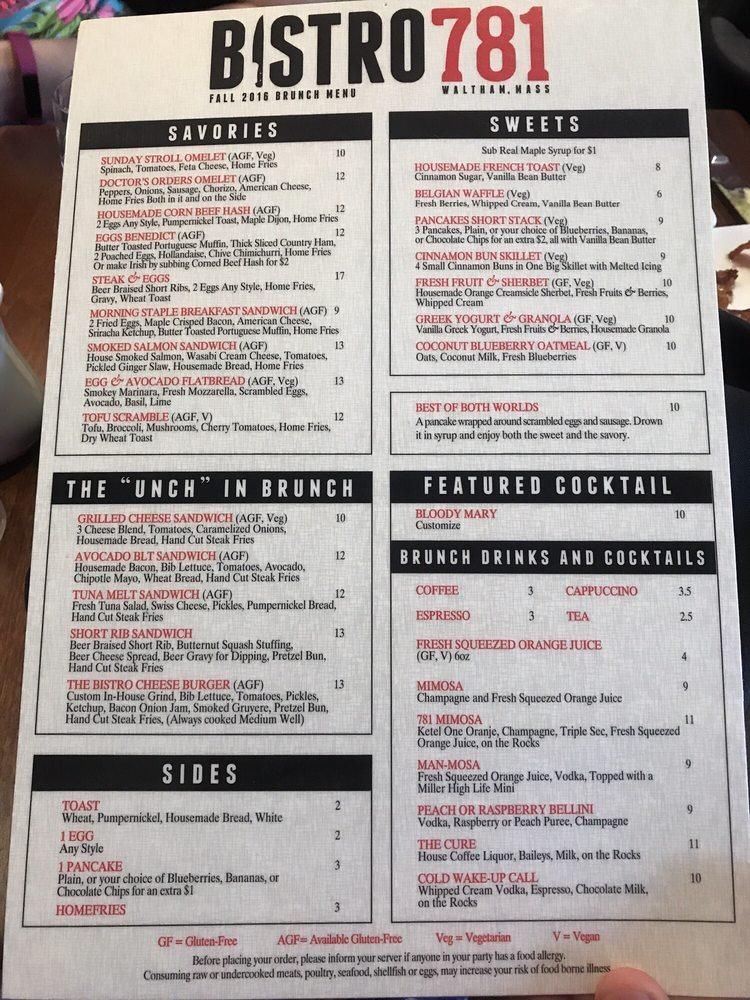 Menu at Bistro781 pub & bar, Waltham