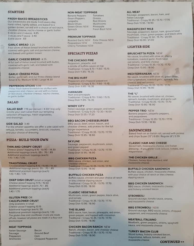 Menu at Chicago's Pizza Whiteland pizzeria, Greenwood
