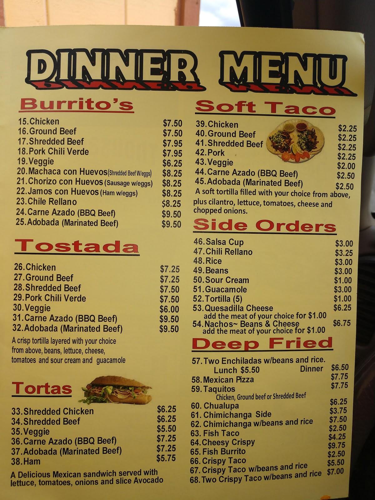 Menu at Mexican Express restaurant, Reedsport