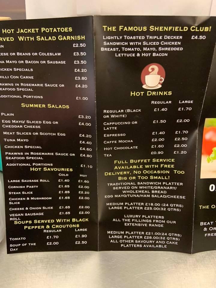 Menu at Shenfield Bakery, Brentwood