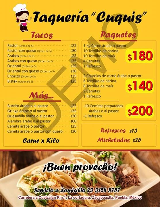 Menu at Taqueria Cuqui's restaurant, Zacapoaxtla