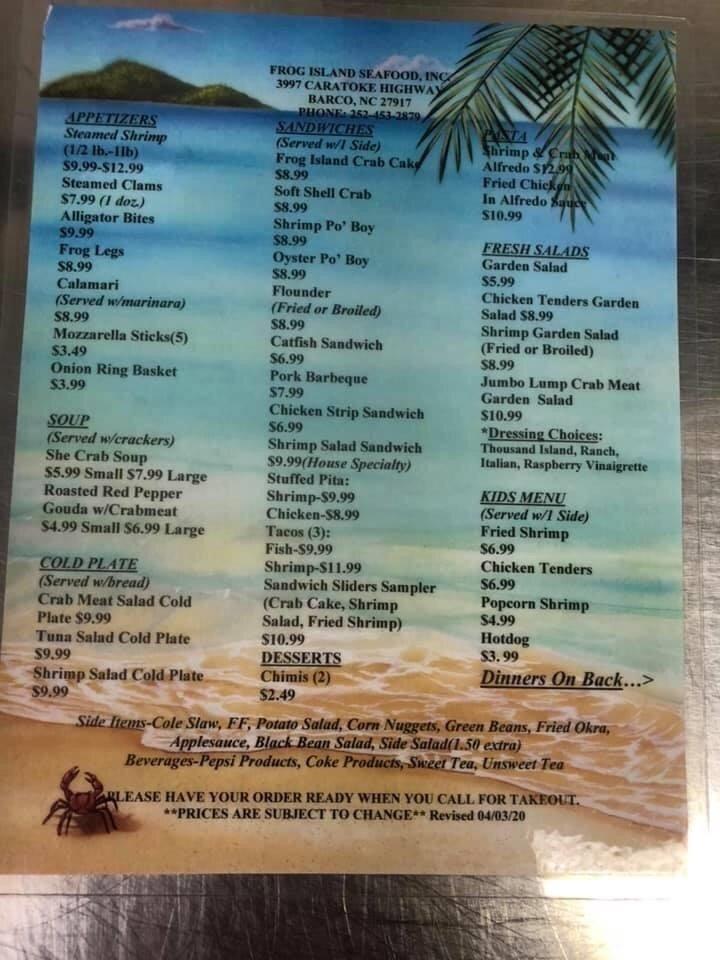Menu at Frog Island Seafood Inc restaurant, Barco