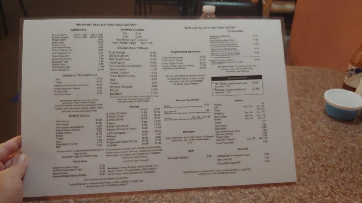 Menu at J's Restaurant, Waveland